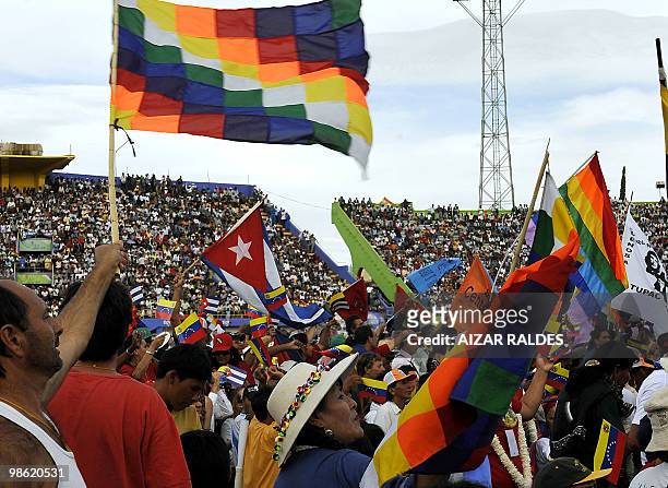 People from over one hundred countries participate in a World Climate Change Conference at the Feliz Capriles stadium in Cochabamba, Bolivia on April...