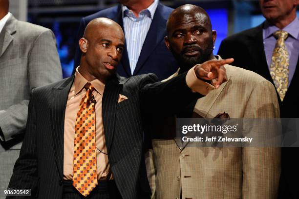 Former NFL Players Dieon Sanders and Lawrence Taylor talk on stage during the 2010 NFL Draft at Radio City Music Hall on April 22, 2010 in New York...