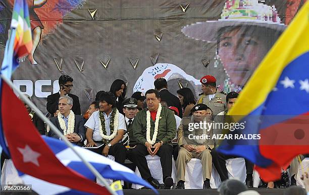 Bolivian Vice President, Alvaro Garcia Linera , Bolivian President Evo Morales , his Venezuelan counterpart Hugo Chavez and Nicaraguan commander...