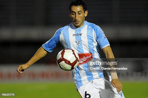 Sebastian Suarez of Cerro in action during their match against Emelec as part of the Libertadores Cup 2010 at the Centenario stadium on April 22,...