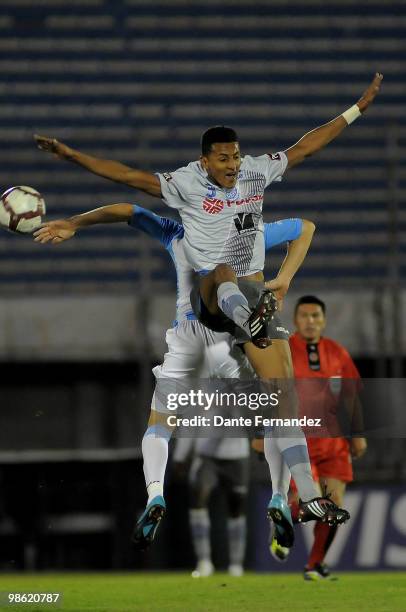 Javier Morantes of Ecuador's Emelec jumps for the ball during their match against Cerro as part of theLibertadores Cup 2010 at the Centenario Stadium...