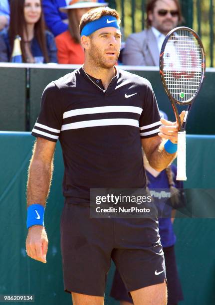 Juan Martin del Potro during his match against Taylor Fritz day two of The Boodles Tennis Event at Stoke Park on June 27, 2018 in Stoke Poges, England