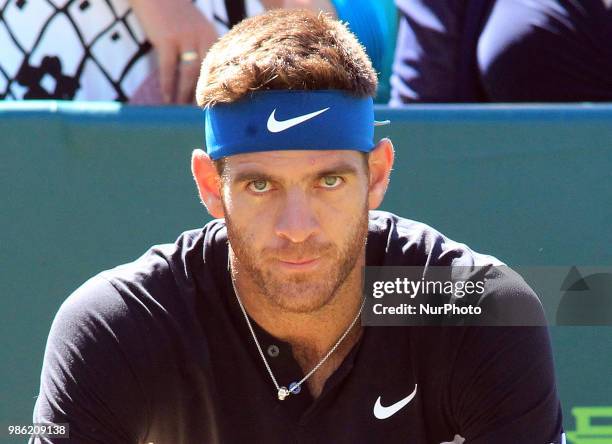 Juan Martin del Potro during his match against Taylor Fritz day two of The Boodles Tennis Event at Stoke Park on June 27, 2018 in Stoke Poges, England