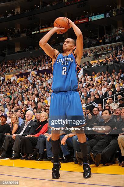 Thabo Sefolosha of the Oklahoma City Thunder shoots from the corner for a three point shot in Game Two of the Western Conference Quarterfinals...