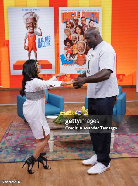 Francisca Lachapel and Shaquille O'Neal are seen on the set of "Despierta America" at Univision Studios to promote the film "Uncle Drew" on June 28,...