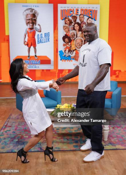 Francisca Lachapel and Shaquille O'Neal are seen on the set of "Despierta America" at Univision Studios to promote the film "Uncle Drew" on June 28,...