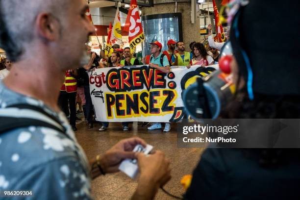 Unitary trade union protest against Macron government reforms in Lyon, France, June 28, 2018. Several thousand protesters marched through the streets...