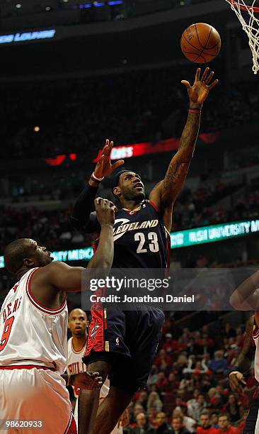 LeBron James of the Cleveland Cavaliers puts up a shot over Loul Deng of the Chicago Bulls in Game Three of the Eastern Conference Quarterfinals...