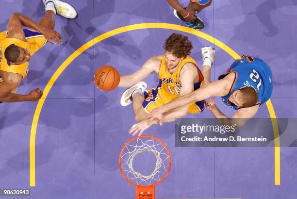 Pau Gasol of the Los Angeles Lakers drives to the basket for a layup against Nenad Krstic of the Oklahoma City Thunder in Game Two of the Western...