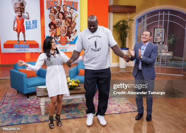 Francisca Lachapel, Shaquille O'Neal and Alan Tacher are seen on the set of "Despierta America" at Univision Studios to promote the film "Uncle Drew"...