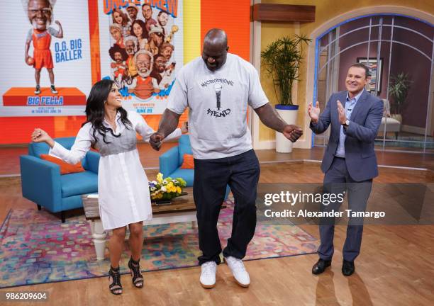 Francisca Lachapel, Shaquille O'Neal and Alan Tacher are seen on the set of "Despierta America" at Univision Studios to promote the film "Uncle Drew"...