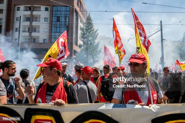 Unitary trade union protest against Macron government reforms in Lyon, France, June 28, 2018. Several thousand protesters marched through the streets...