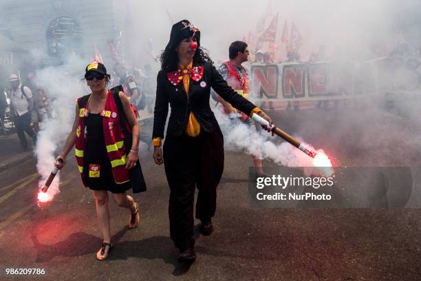 Unitary trade union protest against Macron government reforms in Lyon, France, June 28, 2018. Several thousand protesters marched through the streets...