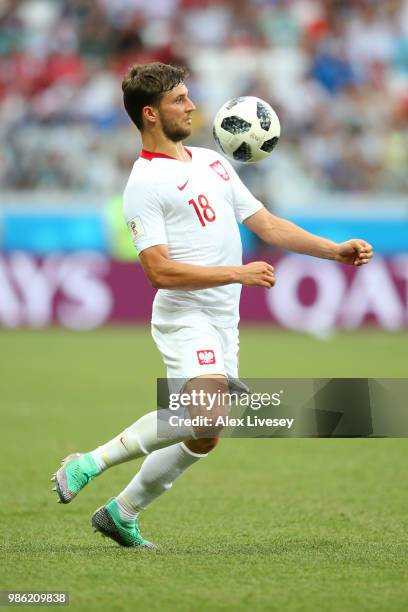 Bartosz Bereszynski of Poland in action during the 2018 FIFA World Cup Russia group H match between Japan and Poland at Volgograd Arena on June 28,...