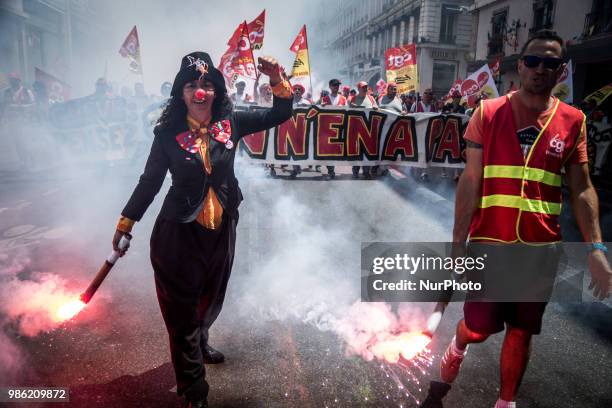 Unitary trade union protest against Macron government reforms in Lyon, France, June 28, 2018. Several thousand protesters marched through the streets...