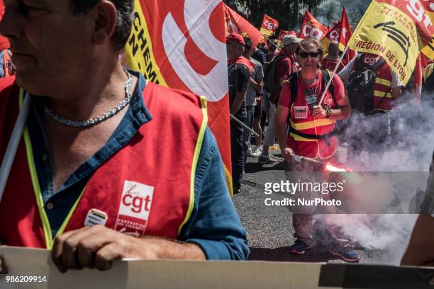 Unitary trade union protest against Macron government reforms in Lyon, France, June 28, 2018. Several thousand protesters marched through the streets...