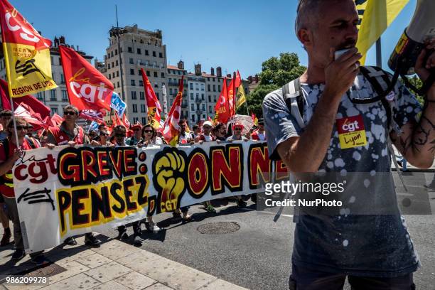 Unitary trade union protest against Macron government reforms in Lyon, France, June 28, 2018. Several thousand protesters marched through the streets...