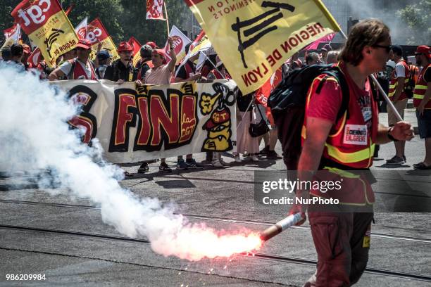 Unitary trade union protest against Macron government reforms in Lyon, France, June 28, 2018. Several thousand protesters marched through the streets...