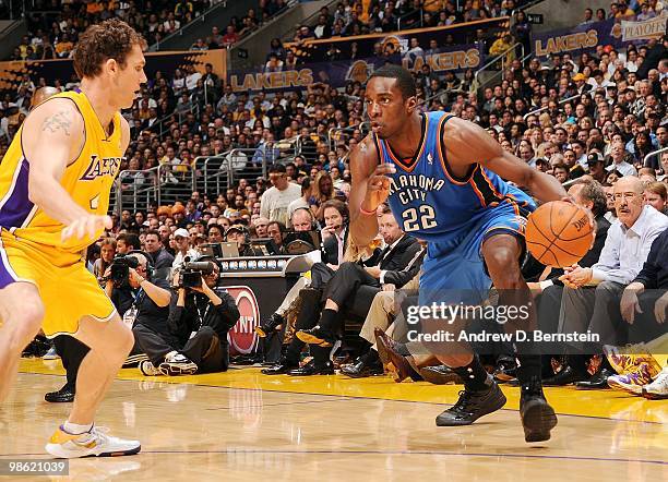 Jeff Green of the Oklahoma City Thunder makes a move with the ball against Luke Walton of the Los Angeles Lakers in Game Two of the Western...