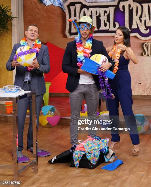 Alan Tacher, Chef Yisus and Maity Interiano are seen on the set of "Despierta America" at Univision Studios on June 28, 2018 in Miami, Florida.