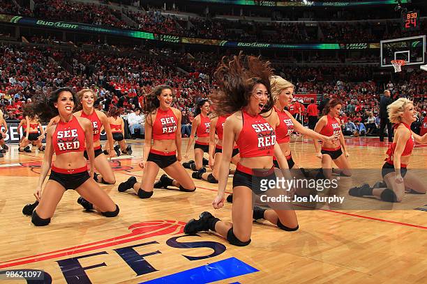 The Chicago Bulls Luvabulls dance team performs during a timeout in Game Three of the Eastern Conference Quarterfinals against the Cleveland...