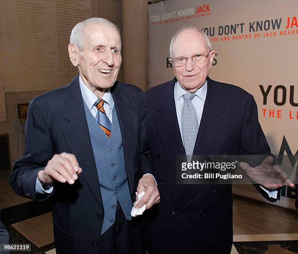 Dr. Jack Kevorkian and his former attorney Mayer Morganroth attend the Detroit premiere of the HBO film "You Don't Know Jack", at the Detroit...