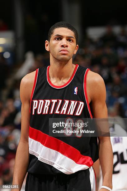 Nicolas Batum of the Portland Trail Blazers looks on during the game against the Sacramento Kings on March 12, 2010 at Arco Arena in Sacramento,...