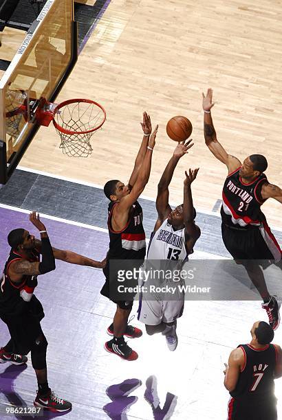 Tyreke Evans of the Sacramento Kings shoots a short jump shot in the key against Nicolas Batum of the Portland Trail Blazers during the game on March...