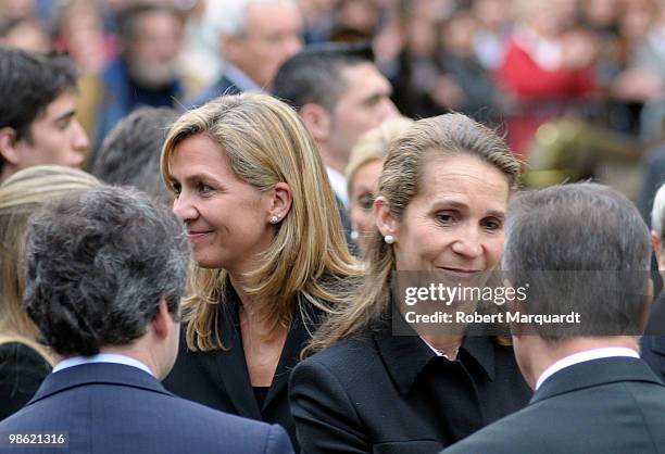 Princess Cristina of Spain and Princess Elena of Spain attend the funeral of former president of the International Olympic Committee Juan Antonio...