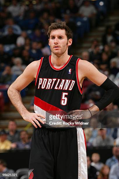 Rudy Fernandez of the Portland Trail Blazers looks on during a break in game action against the Sacramento Kings on March 12, 2010 at Arco Arena in...