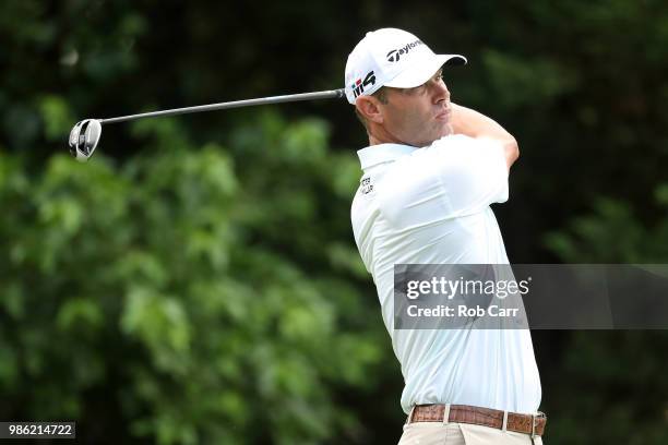 Shawn Stefani hits off the 16th tee during the first round of the Quicken Loans National at TPC Potomac on June 28, 2018 in Potomac, Maryland.