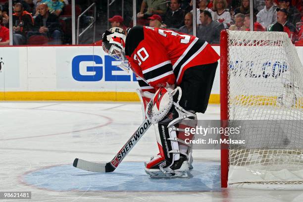 Martin Brodeur of the New Jersey Devils looks on against the Philadelphia Flyers in Game 5 of the Eastern Conference Quarterfinals during the 2010...