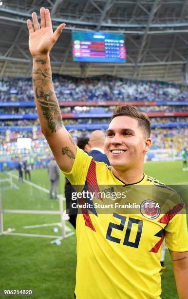 Juan Quintero of Colombia celebrates following his sides victory in the 2018 FIFA World Cup Russia group H match between Senegal and Colombia at...