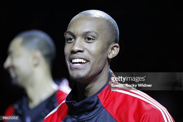 Dante Cunningham of the Portland Trail Blazers looks on during pregame introductions prior to the game against the Sacramento Kings on March 12, 2010...