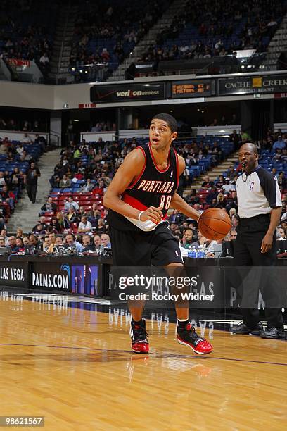 Nicolas Batum of the Portland Trail Blazers looks to make a play on the dribble against the Sacramento Kings during the game on March 12, 2010 at...