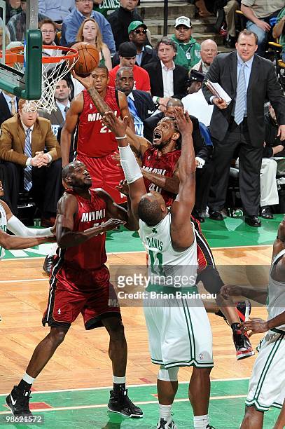 Udonis Haslem of the Miami Heat shoots a layup against Glen Davis of the Boston Celtics in Game Two of the Eastern Conference Quarterfinals during...