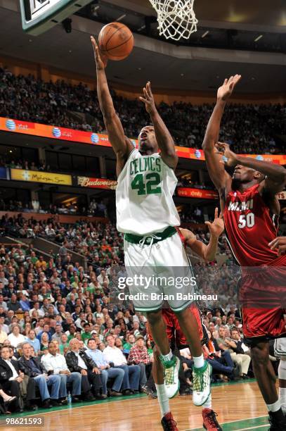 Tony Allen of the Boston Celtics shoots a layup against Joel Anthony of the Miami Heat in Game Two of the Eastern Conference Quarterfinals during the...
