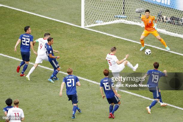 Jan Bednarek of Poland scores a goal during the second half of a World Cup Group H match against Japan in Volgograd, Russia, on June 28, 2018. Poland...