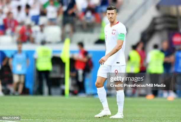 Robert Lewandowski of Poland reacts during the 2018 FIFA World Cup Russia group H match between Japan and Poland at Volgograd Arena on June 28, 2018...