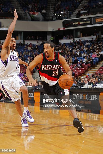 Andre Miller of the Portland Trail Blazers dribble drives to the basket against of the Sacramento Kings during the game on March 12, 2010 at Arco...