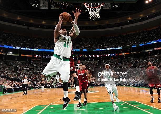 Glen Davis of the Boston Celtics goes up for a shot against Michael Beasley of the Miami Heat in Game Two of the Eastern Conference Quarterfinals...