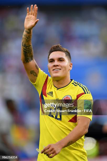 Juan Quintero of Colombia celebrates following his sides victory in the 2018 FIFA World Cup Russia group H match between Senegal and Colombia at...