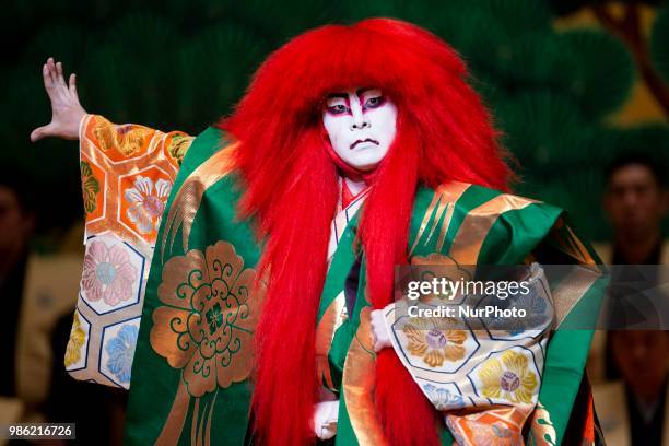 Japanese Kabuki actor Shichinosuke Nakamura of Heisei Nakamura company performs 'Renjishi' at Canal Theater in Madrid, Spain. June 27, 2018.