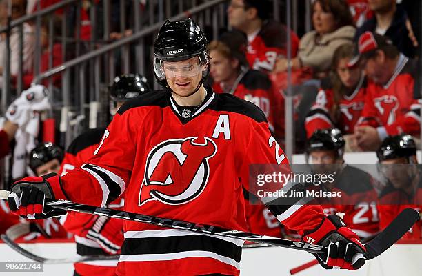 Patrik Elias of the New Jersey Devils looks on against the Philadelphia Flyers in Game 5 of the Eastern Conference Quarterfinals during the 2010 NHL...