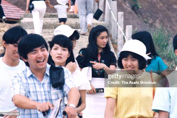 Kiko Kawashima is seen with her friends during their trip at Goshogake hot spring on August 11, 1987 in Hachimantai, Akita, Japan.