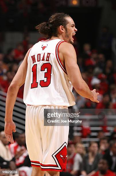 Joakim Noah of the Chicago Bulls motivates his teammates in Game Three of the Eastern Conference Quarterfinals against the Cleveland Cavaliers during...