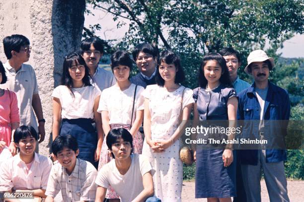 Prince Fumihito and Kiko Kawashima are seen with their friends during their trip in front of the Takuboku Ishikawa memorial on August 12, 1987 in...