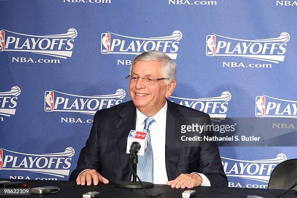 Commissioner David Stern speaks to the media prior to the Oklahoma City Thunder playing against the Los Angeles Lakers in Game Three of the Western...