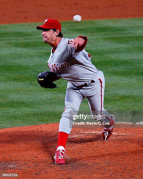 Starting pitcher Jamie Moyer of the Philiadelphia Phillies pitches against the Atlanta Braves at Turner Field on April 22, 2010 in Atlanta, Georgia.