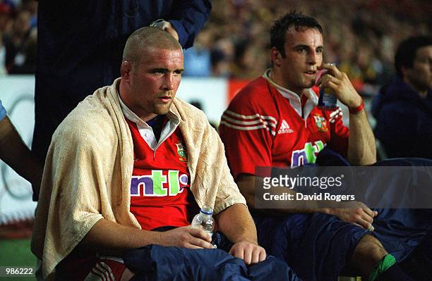 Phil Vickery and Danny Grewcock of the Lions sit on the side line after being sin binned during the game between British and Irish Lions and NSW...